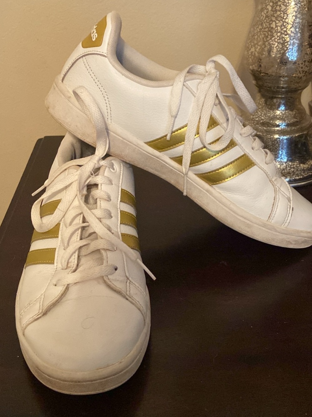 adidas White Sneakers with Metallic Gold Three-Stripes